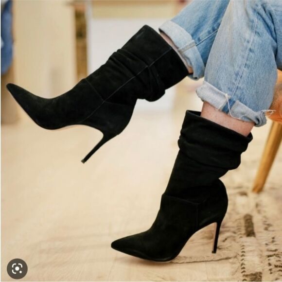 SCHUTZ Shoes - Schutz Ashlee Suede Slouch Mid-Calf Booties Stiletto Heel Boots Black 7.5